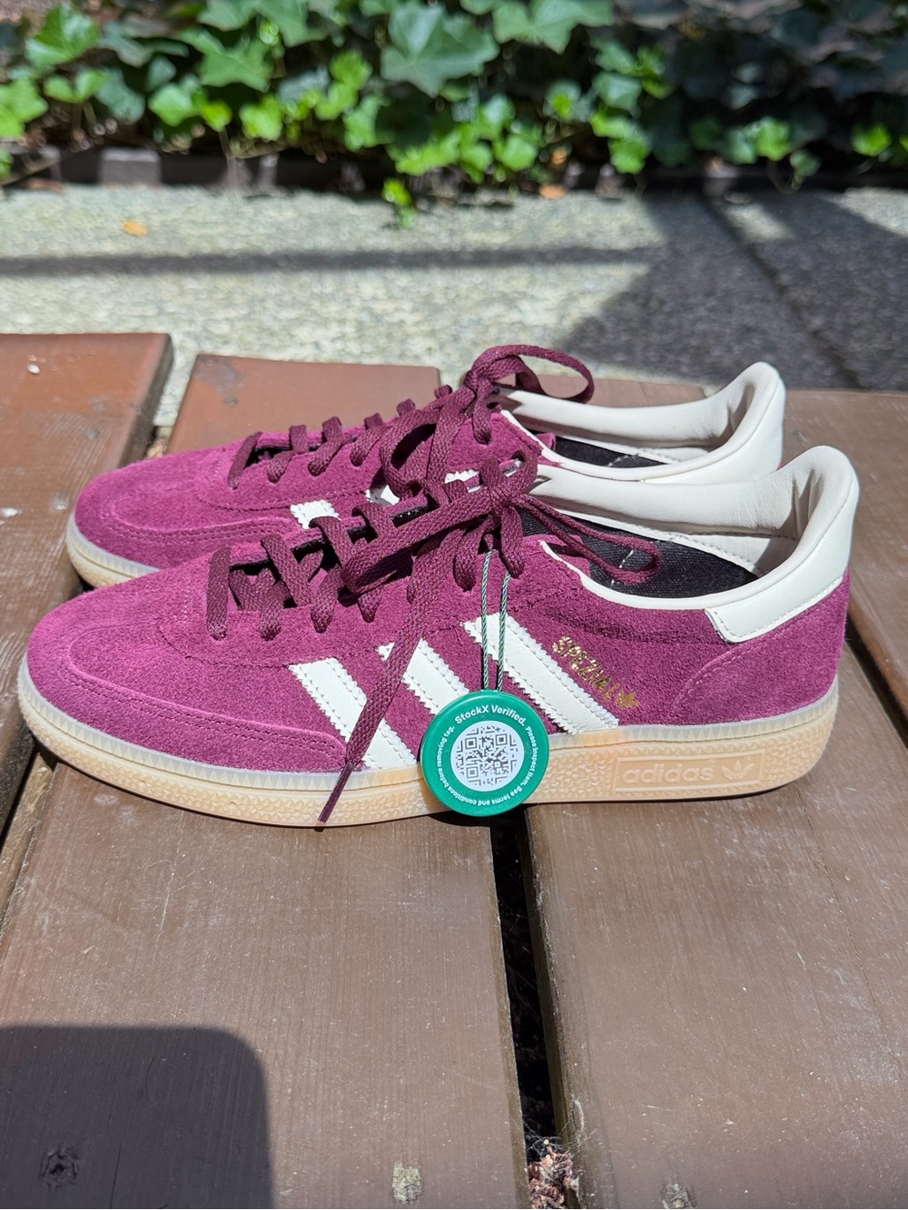 Adidas Handball Spezial Burgundy Suede - Maroon Cream Gold Metallic and Gum Sole